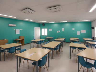 Sala de aula com professores e alunos discutindo diretrizes do projeto político pedagógico
