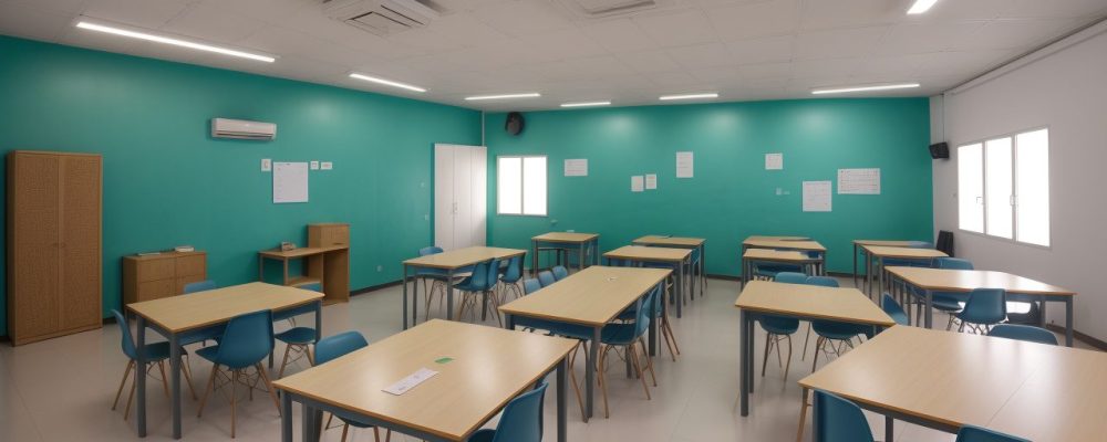 Sala de aula com professores e alunos discutindo diretrizes do projeto político pedagógico