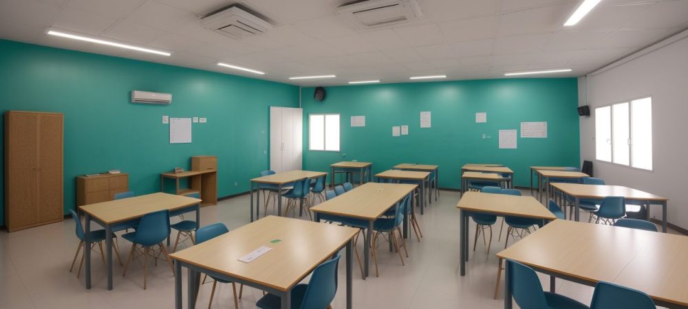 Sala de aula com professores e alunos discutindo diretrizes do projeto político pedagógico