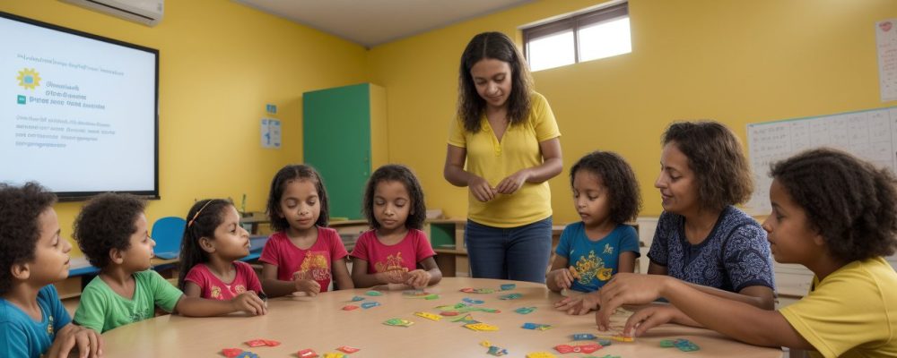 Crianças em sala de aula com professor, representando estratégias de inclusão Asperger e ambiente escolar acolhedor