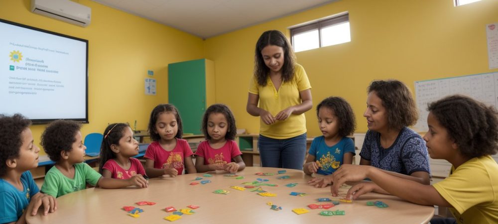 Crianças em sala de aula com professor, representando estratégias de inclusão Asperger e ambiente escolar acolhedor
