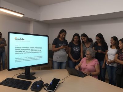 Imagem representando inclusão digital com pessoas acessando a internet e aprendendo sobre alfabetização digital em um ambiente comunitário.