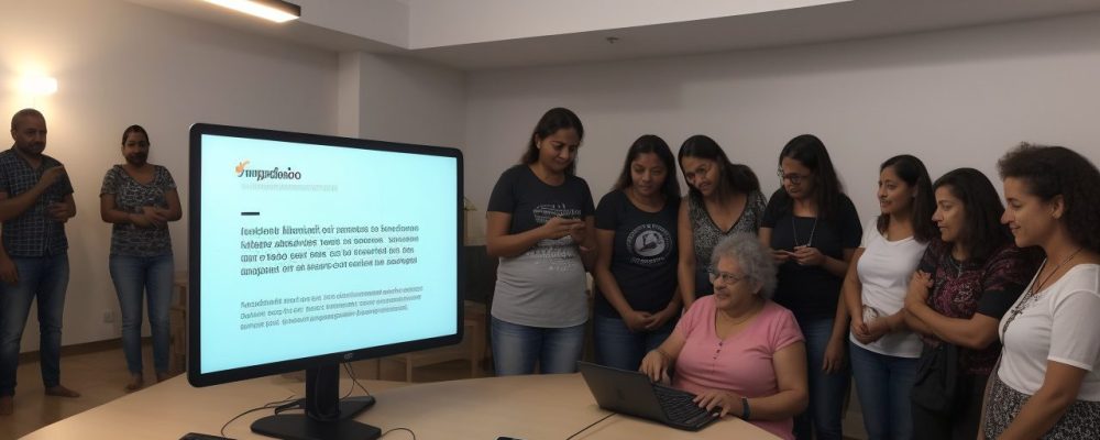Imagem representando inclusão digital com pessoas acessando a internet e aprendendo sobre alfabetização digital em um ambiente comunitário.