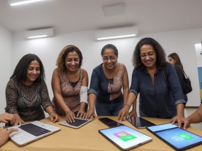 Imagem ilustrativa sobre inclusão digital, mostrando pessoas de diferentes idades e etnias acessando a internet e utilizando ferramentas digitais.