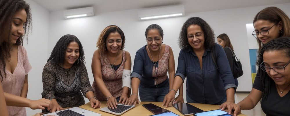 Imagem ilustrativa sobre inclusão digital, mostrando pessoas de diferentes idades e etnias acessando a internet e utilizando ferramentas digitais.