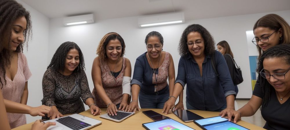 Imagem ilustrativa sobre inclusão digital, mostrando pessoas de diferentes idades e etnias acessando a internet e utilizando ferramentas digitais.