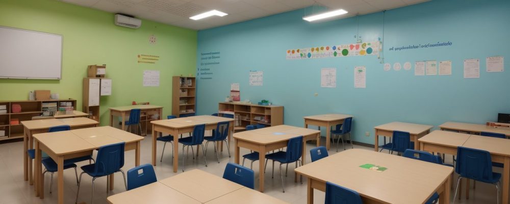 Alunos e professores em sala de aula inclusiva, com foco na educação inclusiva e salas de recursos multifuncionais, promovendo acessibilidade escolar.