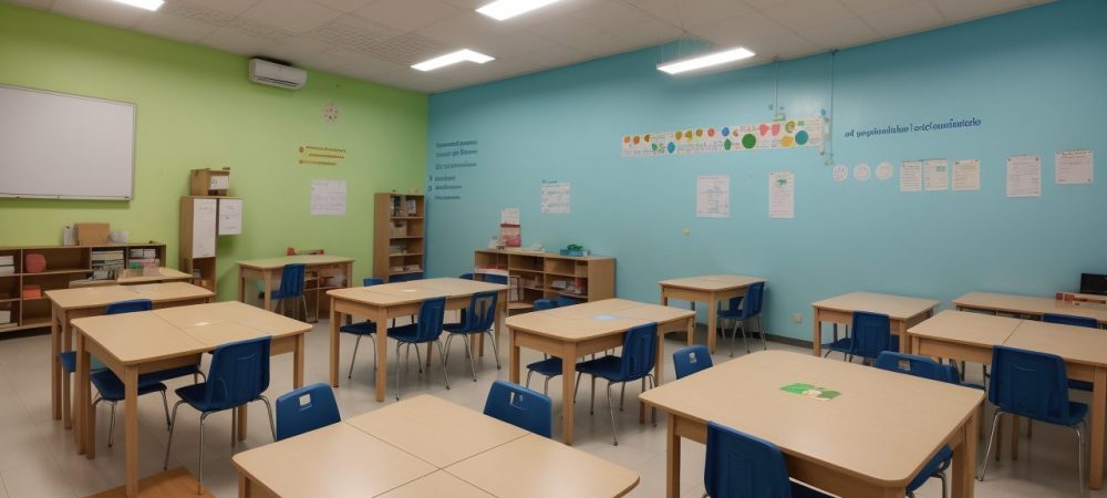 Alunos e professores em sala de aula inclusiva, com foco na educação inclusiva e salas de recursos multifuncionais, promovendo acessibilidade escolar.