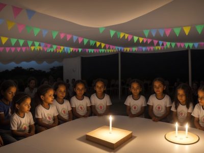 Crianças em sala de aula inclusiva, com recursos visuais e professores engajados, representando inclusão escolar e autismo.