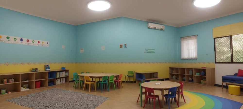 Crianças com síndrome de Down interagindo em sala de aula inclusiva, com atividades e apoio educacional.