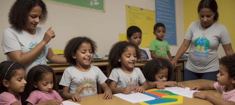 Crianças surdas interagindo em sala de aula, utilizando atividades e recursos para educação inclusiva