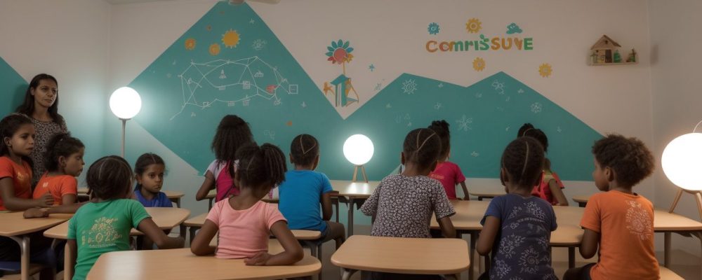 Crianças surdas participando de atividades inclusivas em sala de aula, com foco em estratégias de comunicação alternativa e ensino de libras