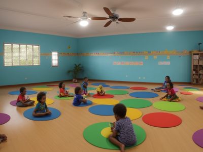 Crianças com autismo interagindo e aprendendo em sala de aula inclusiva e acolhedora.