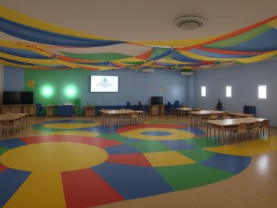 Crianças com autismo participando ativamente em atividades de inclusão escolar, com professores e recursos adaptados em sala de aula.