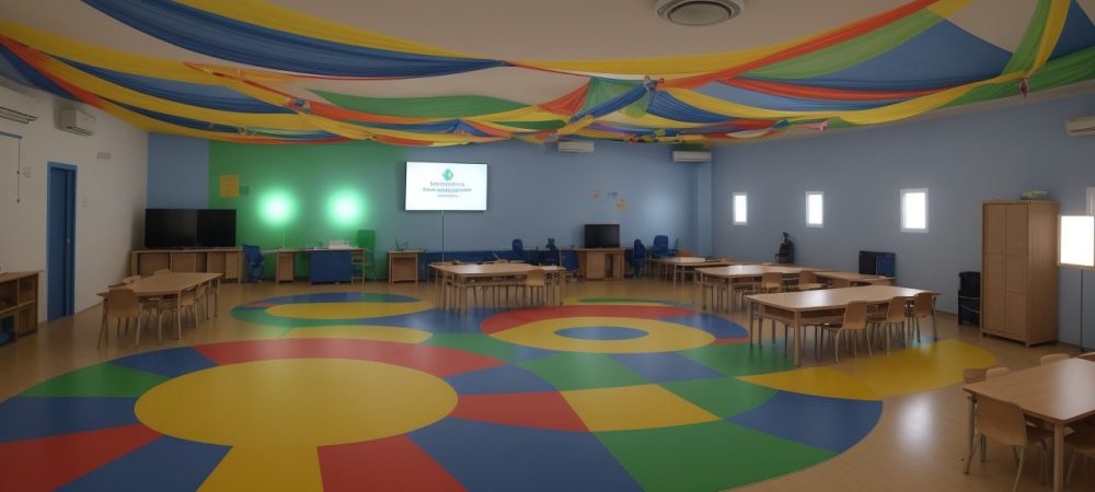 Crianças com autismo participando ativamente em atividades de inclusão escolar, com professores e recursos adaptados em sala de aula.
