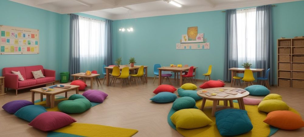 Crianças com deficiência física participando ativamente de atividades inclusivas na sala de aula, promovendo a educação inclusiva