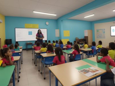 Crianças com deficiência física participando ativamente em sala de aula inclusiva, com foco em educação e atendimento educacional especializado