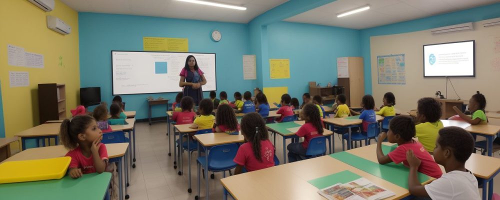 Crianças com deficiência física participando ativamente em sala de aula inclusiva, com foco em educação e atendimento educacional especializado