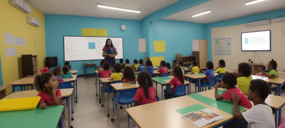 Crianças com deficiência física participando ativamente em sala de aula inclusiva, com foco em educação e atendimento educacional especializado