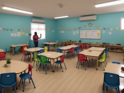 Crianças com deficiência física participam ativamente em sala de aula inclusiva, com foco em atividades adaptadas e apoio educacional
