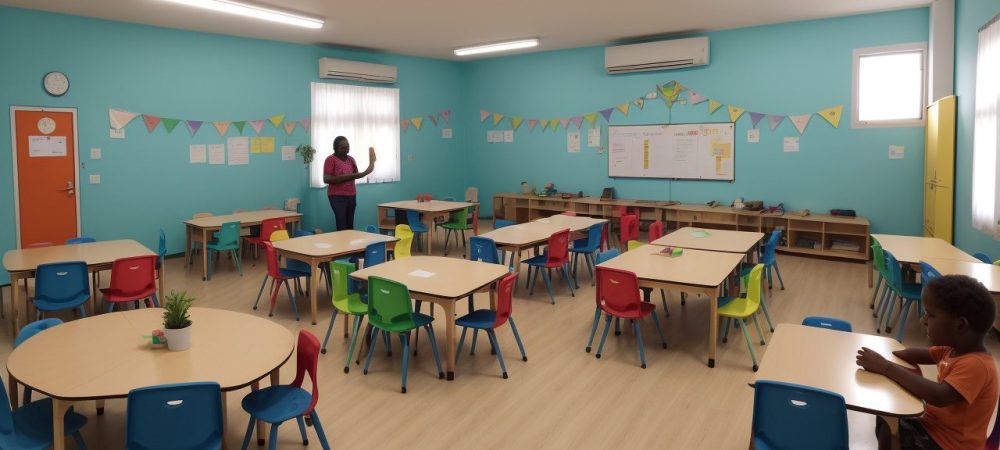 Crianças com deficiência física participam ativamente em sala de aula inclusiva, com foco em atividades adaptadas e apoio educacional