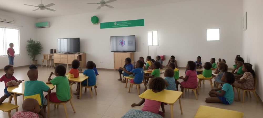 Crianças com deficiência física participando ativamente em atividades inclusivas em sala de aula, com foco na adaptação escolar e educação inclusiva.