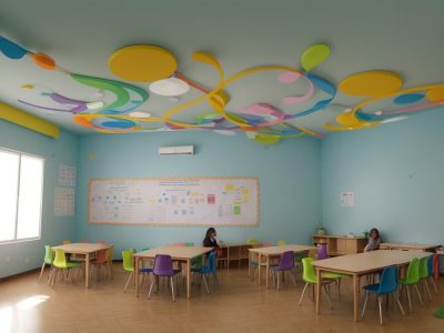 Crianças e educadores em sala de aula com mapas mentais, promovendo a inclusão de crianças com paralisia cerebral.