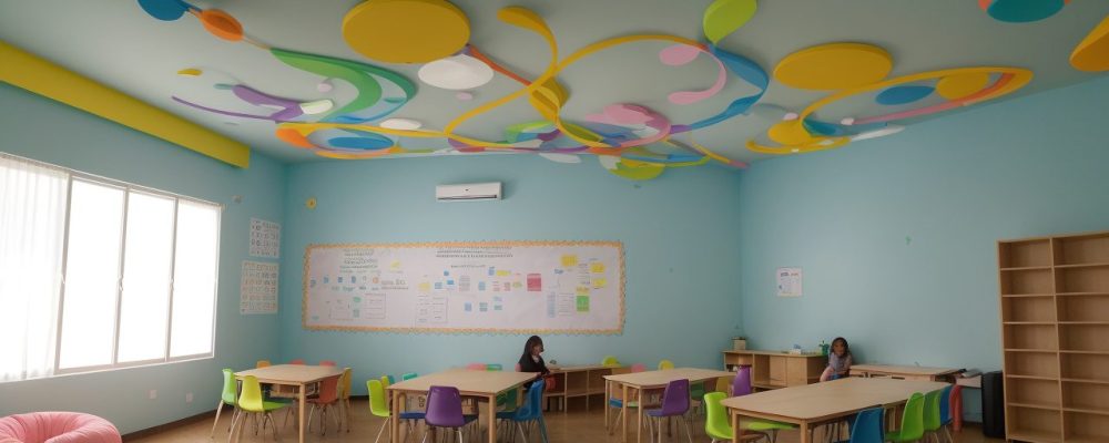 Crianças e educadores em sala de aula com mapas mentais, promovendo a inclusão de crianças com paralisia cerebral.