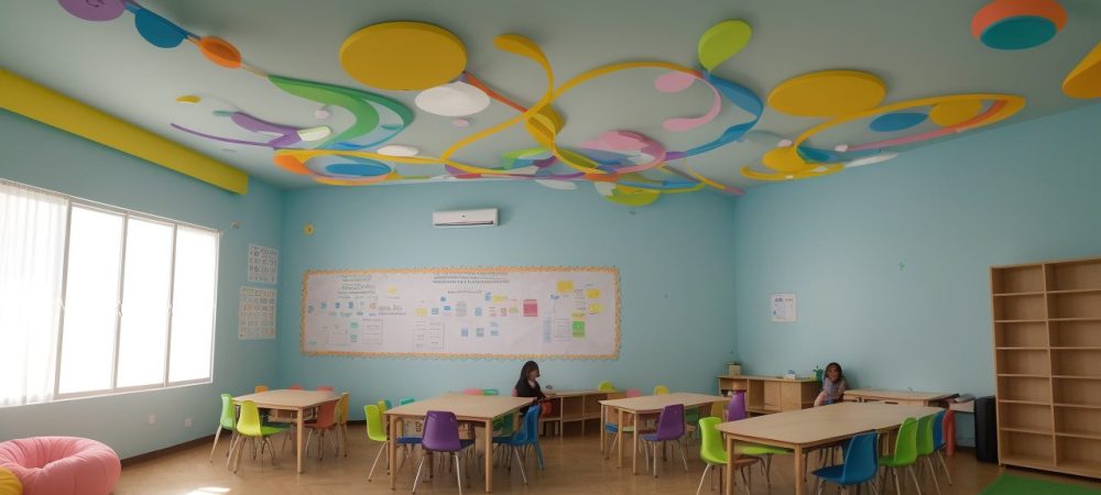 Crianças e educadores em sala de aula com mapas mentais, promovendo a inclusão de crianças com paralisia cerebral.