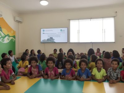 Crianças com paralisia cerebral interagindo em uma sala de aula inclusiva e acolhedora, com educadores e materiais adaptados.