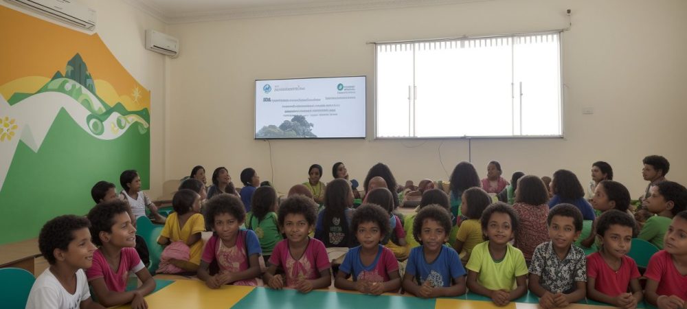 Crianças com paralisia cerebral interagindo em uma sala de aula inclusiva e acolhedora, com educadores e materiais adaptados.