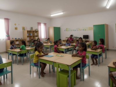 Crianças em sala de aula inclusiva, com foco em atividades e direitos da pessoa com síndrome de Down.