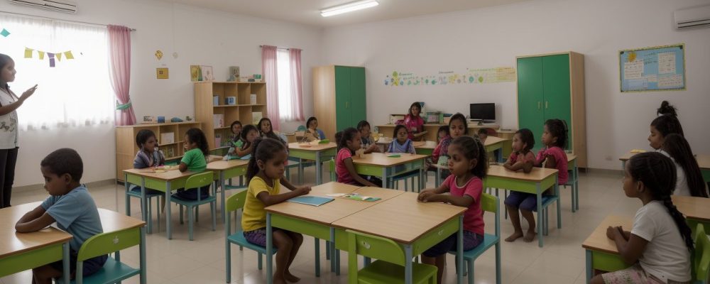 Crianças em sala de aula inclusiva, com foco em atividades e direitos da pessoa com síndrome de Down.