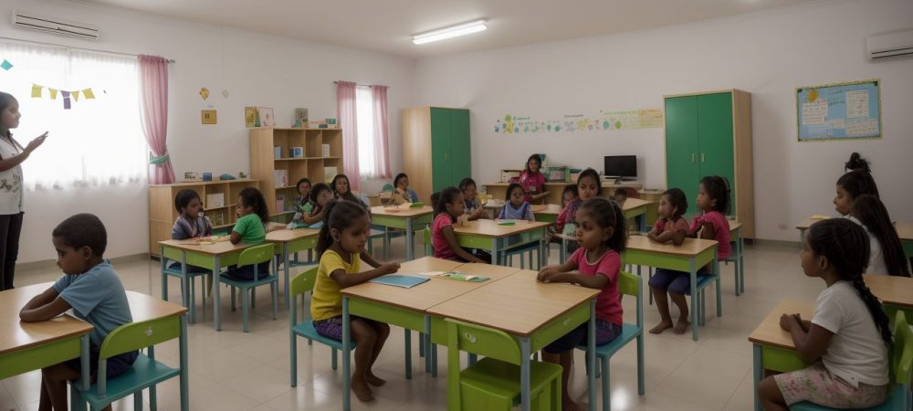Crianças em sala de aula inclusiva, com foco em atividades e direitos da pessoa com síndrome de Down.