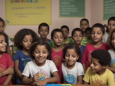 Crianças com Síndrome de Williams em sala de aula inclusiva, participando de atividades e interagindo com colegas, promovendo a inclusão escolar