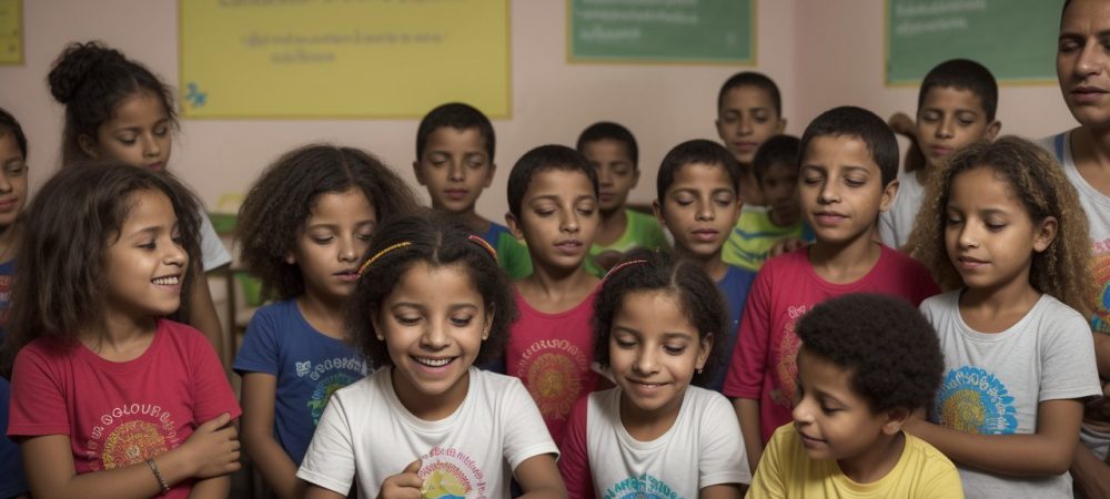 Crianças com Síndrome de Williams em sala de aula inclusiva, participando de atividades e interagindo com colegas, promovendo a inclusão escolar