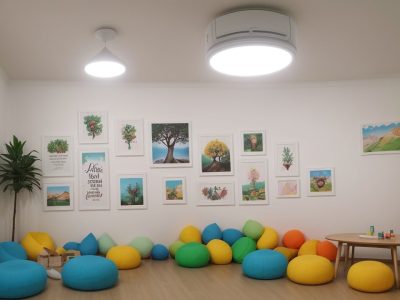 Crianças em sala de aula inclusiva, interagindo em um ambiente acolhedor e aprendendo juntas sobre inclusão escolar e TEA (Transtorno do Espectro Autista).