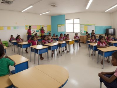 Educadores e alunos em sala de aula inclusiva, demonstrando acessibilidade escolar e educação inclusiva.