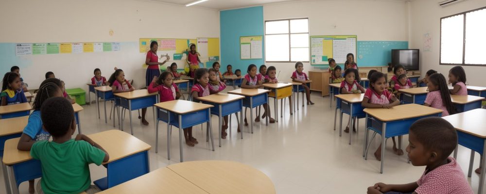 Educadores e alunos em sala de aula inclusiva, demonstrando acessibilidade escolar e educação inclusiva.