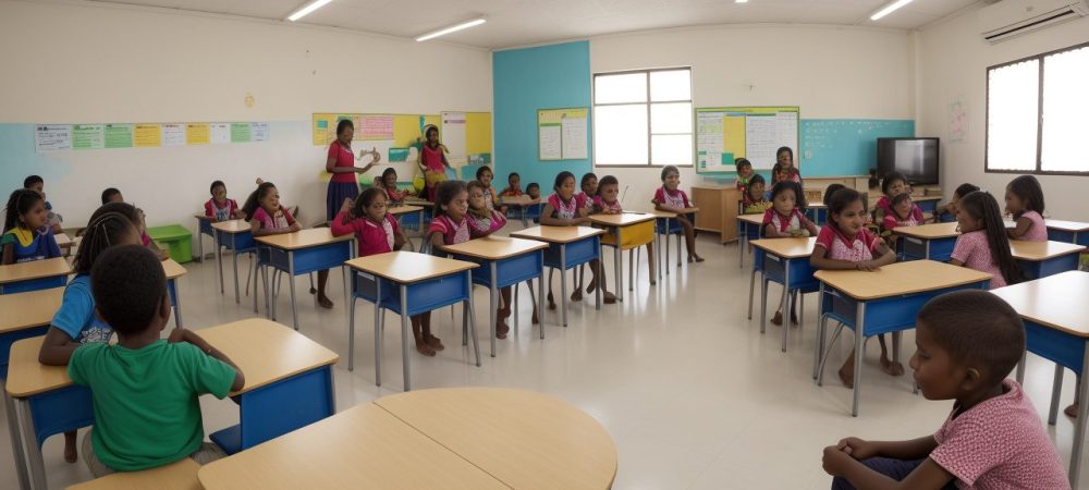 Educadores e alunos em sala de aula inclusiva, demonstrando acessibilidade escolar e educação inclusiva.