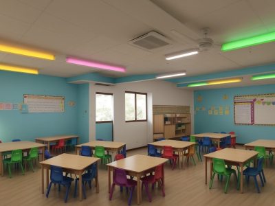 Crianças em sala de aula com materiais pedagógicos e apoio, representando inclusão escolar para TDAH e adaptações curriculares