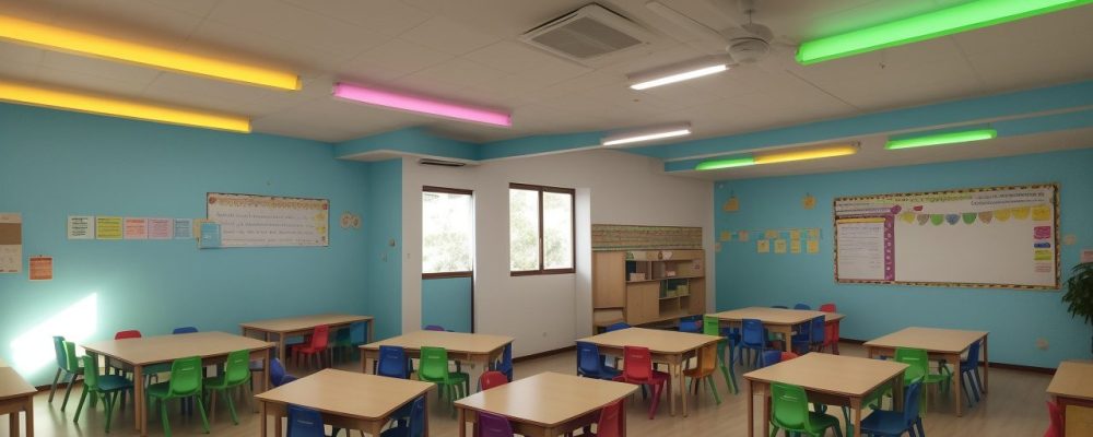 Crianças em sala de aula com materiais pedagógicos e apoio, representando inclusão escolar para TDAH e adaptações curriculares