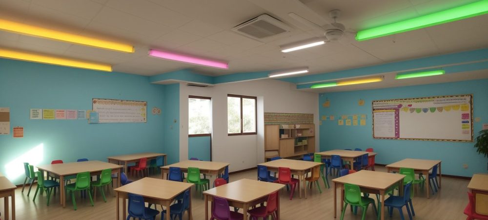 Crianças em sala de aula com materiais pedagógicos e apoio, representando inclusão escolar para TDAH e adaptações curriculares