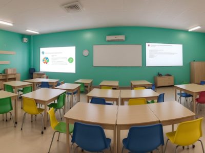 Crianças em sala de aula inclusiva, com foco em estratégias e adaptações curriculares para TDAH, promovendo aprendizado e bem-estar.
