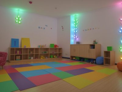 Crianças em sala de aula inclusiva aprendendo sobre inclusão escolar TDI com apoio de recursos visuais e professores.