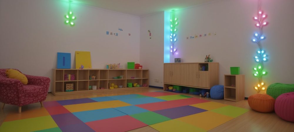 Crianças em sala de aula inclusiva aprendendo sobre inclusão escolar TDI com apoio de recursos visuais e professores.