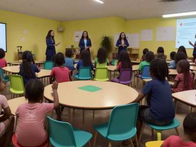 Crianças em sala de aula participando de atividades inclusivas e aprendendo sobre TGD (Transtornos Globais do Desenvolvimento).