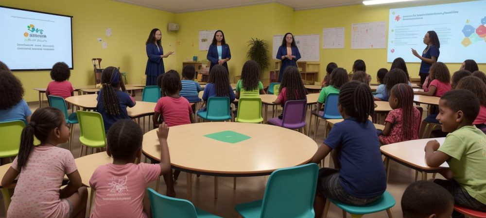 Crianças em sala de aula participando de atividades inclusivas e aprendendo sobre TGD (Transtornos Globais do Desenvolvimento).