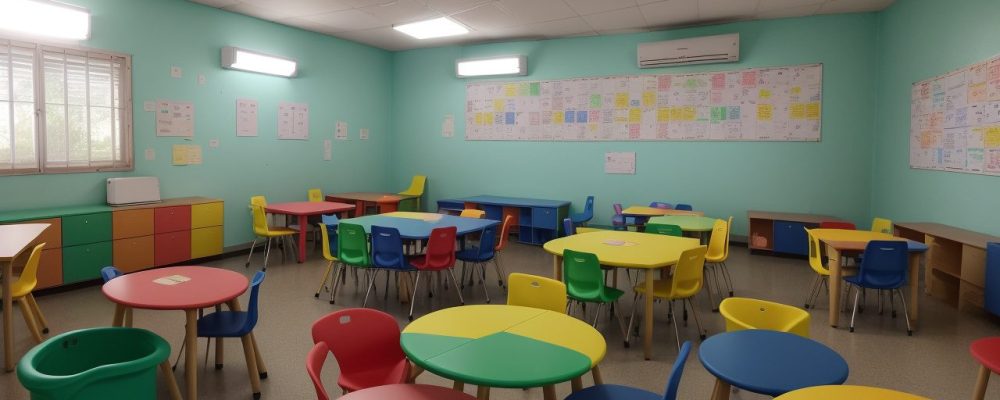 Crianças com TGD participando de atividades inclusivas em sala de aula, com apoio de professores e recursos pedagógicos.