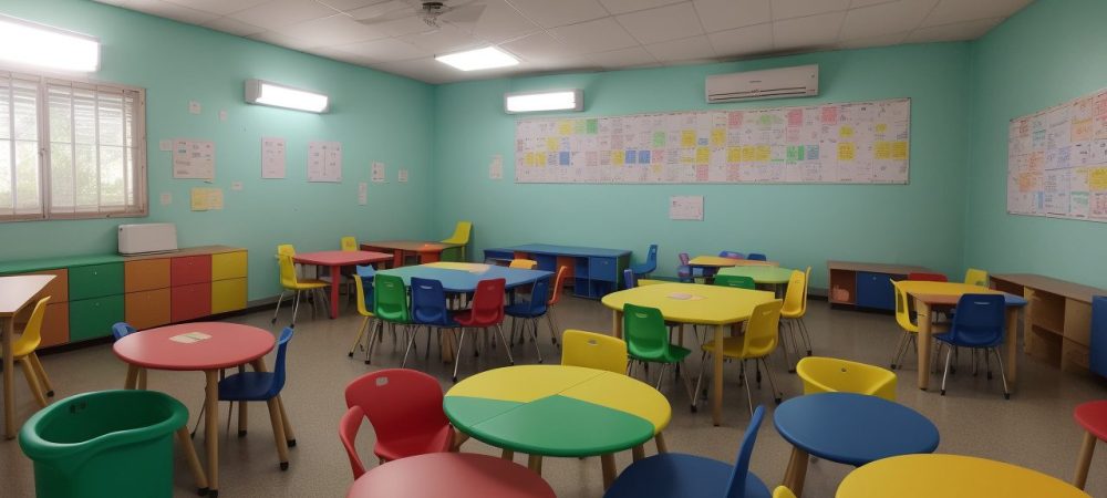 Crianças com TGD participando de atividades inclusivas em sala de aula, com apoio de professores e recursos pedagógicos.